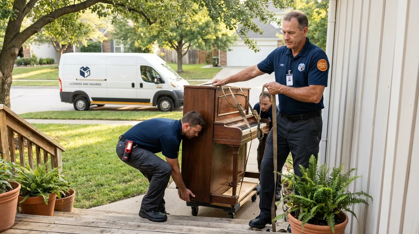 Licensed piano movers securing grand piano in Edinburg, TX