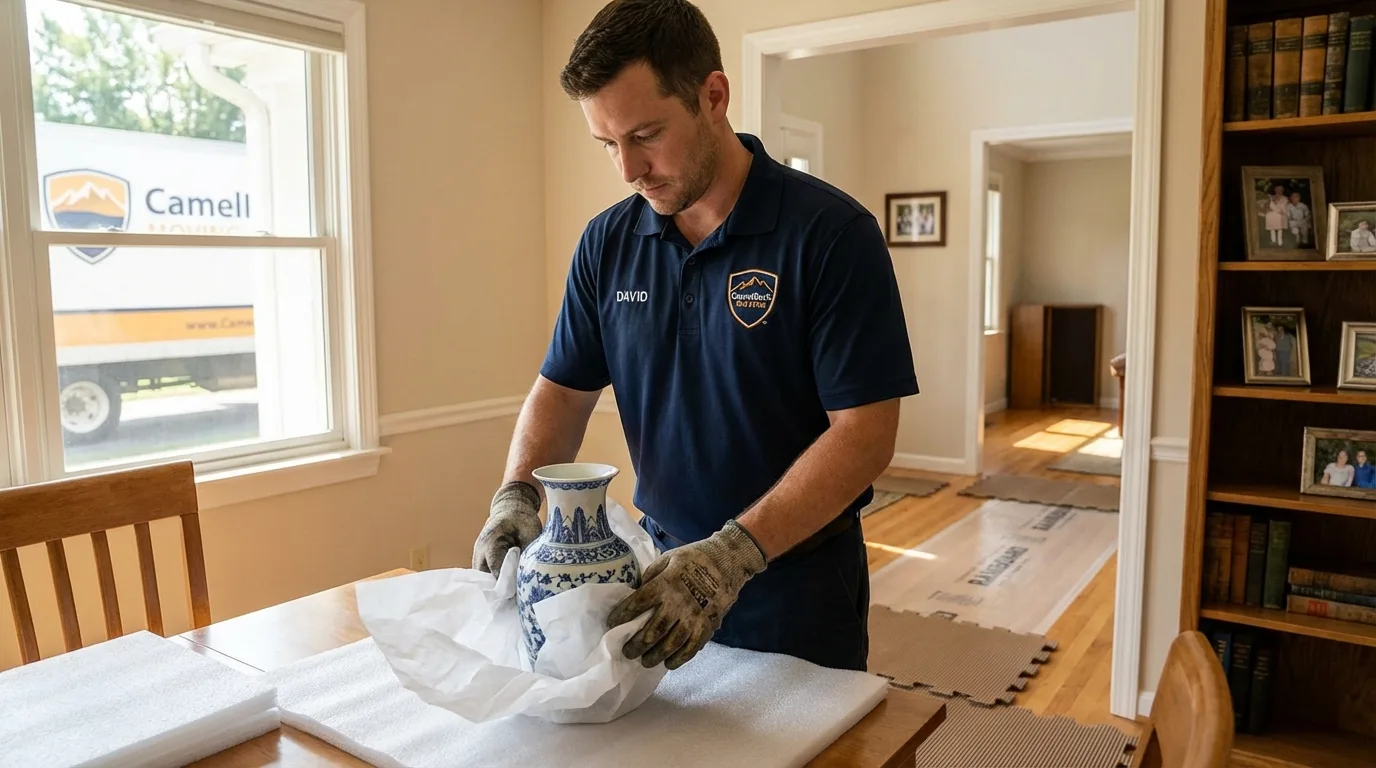Professional crew carefully wrapping antique vase for senior downsizing move in Edinburg, TX